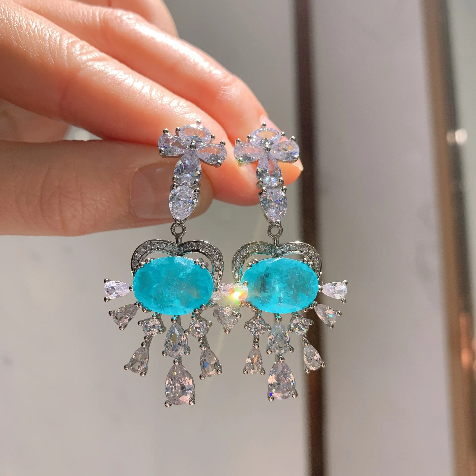 Luxury brand genuine real jewels Online popular live broadcast simulation Paraiba Emerald Main Stone 10 * 14 Earrings high quali