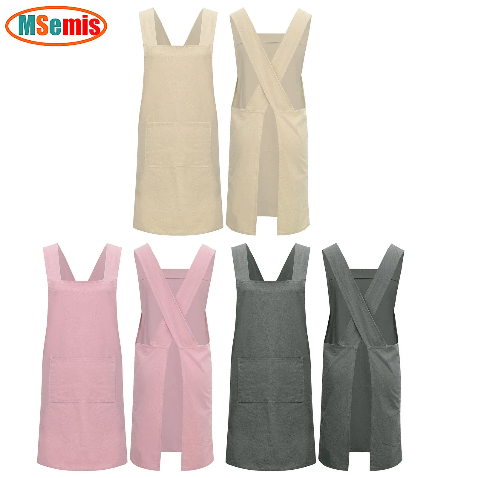 

Women Studios Uniform Apron Cross Straps Pockets Loose Apron Restaurant Bar Shop Cafes Beauty Nails Kitchen Work Apron