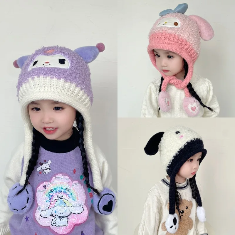 Kuromi Winter Hat Child Woolen Hat Cartoon Sanrios Anime Student Windproof Kawaii Cartoon Tab Knitted Hat Thicken Keep Warm