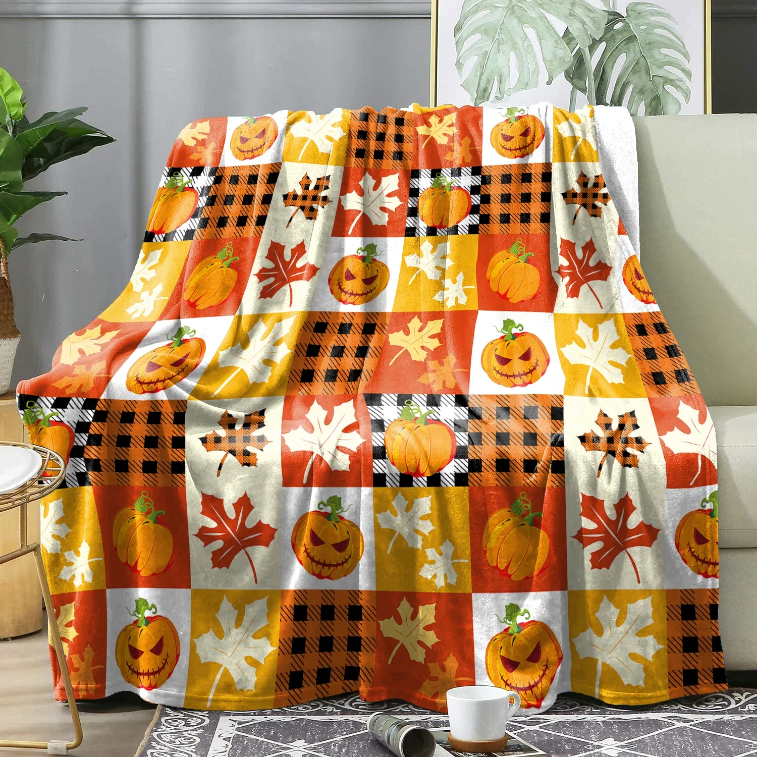 Halloween Flannel Blanket Funny Pumpkin Maple Leaf Printed Warm Soft Decorative Sofa Festival Gift Fleece Shawl Blankets