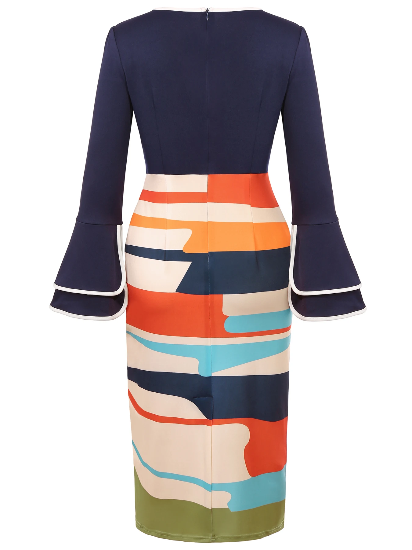 Womens Flare Long Sleeve Geometry Print Crew Neck Knee Length Patchwork Business Casual Party Midi Pencil Bodycon Sheath Dress