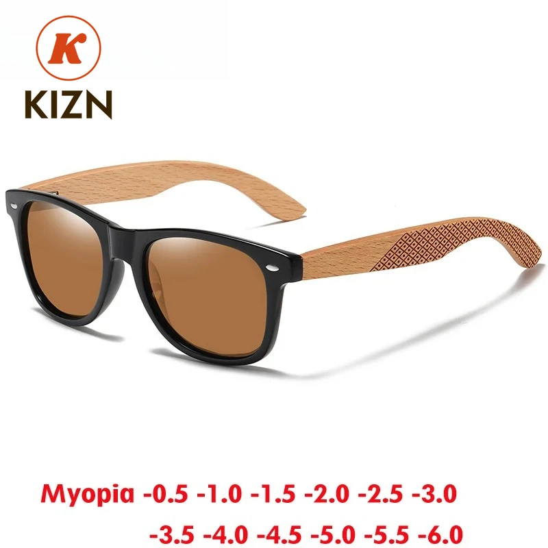 

KIZN Bamboo Wood Men Myopia Sunglasses Women Polarization Prescription Optics Square Glasses UV400 Optics Eyewear -0.50 to -10
