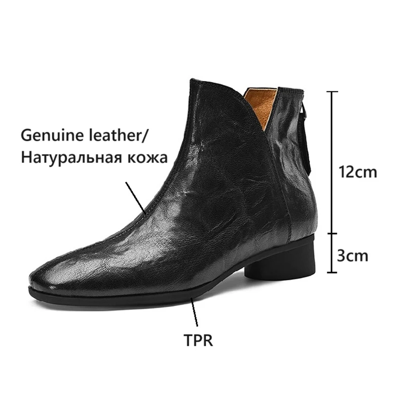 NEW Autumn Women Boots Gnueine Leather Shoes for Women Square Toe Chunky Heel Shoes Black Zip Ankle Boots Handmade Western Boots