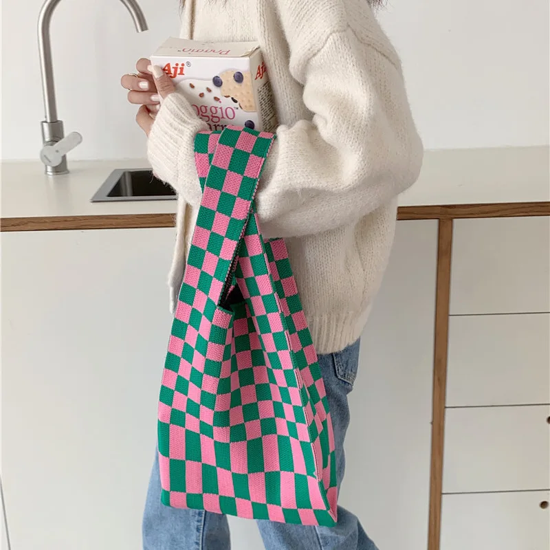 Knitted Plaid Bag Handmade Woven Tote Checkerboard Checker Clash Colour Shoulder Bag Large Capacity Shopping Bag  25x50cm Bags