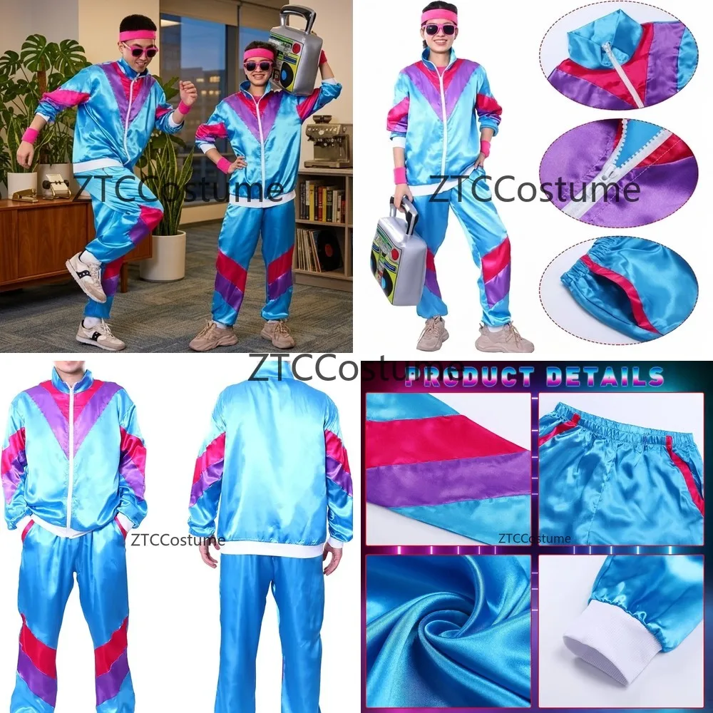 

Retro 90s Hip Hop Shell Suit Cosplay Costume for Men Disco Windbreaker Jacket and Pants Tracksuit