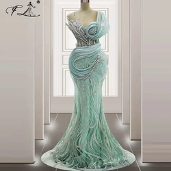 Ruffles Arabic Mermaid Prom Dresses 2024 Girls African Blue Dress Sexy Wedding Evening Party Gowns Vestido Customized
