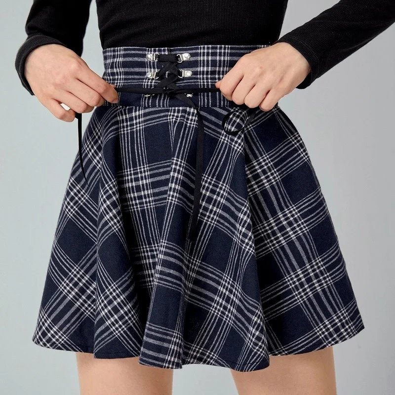 Gonne a pieghe stile coreano a vita alta da donna primavera estate 2024 gonne Casual Punk retrò da donna minigonna con lacci scozzese da donna