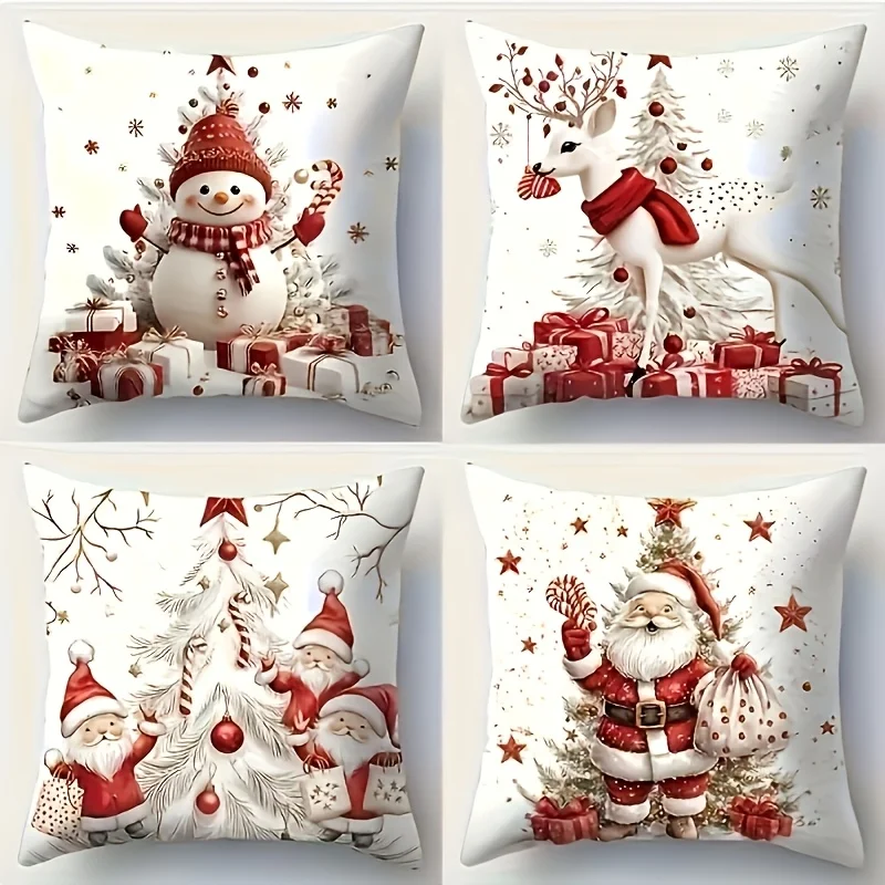 2D FLAT-1/4pcs Christmas Vintage Santa Snowman Pillow Covers Sofa chair farmhouse holiday decoration cushion cover