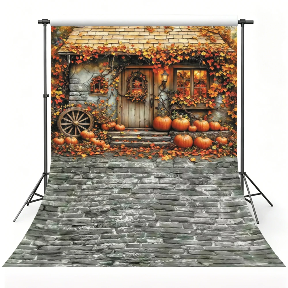 Autumn Farm Barn Haystack Wooden Floor Photography Backdrop Fall Thanksgiving Pumpkin Harvest Baby Portrait Photo Background view 4