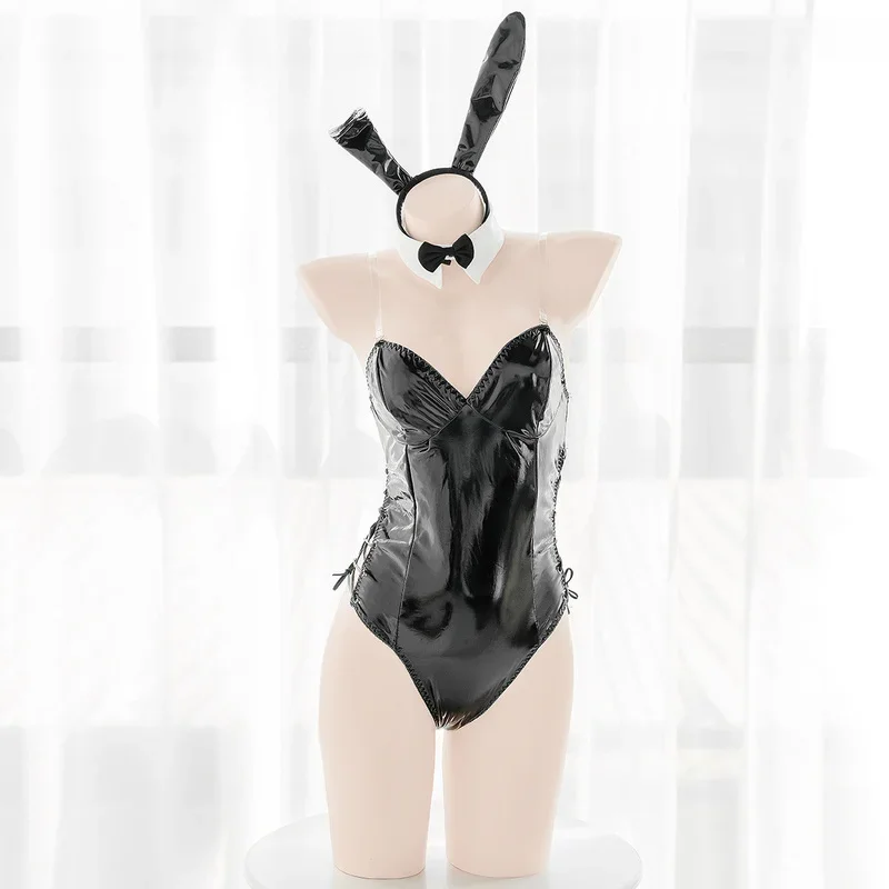 Sexy lingerie cosplay bunny costume PU leather bodysuit Mai Sakura Ajima rabbit suit kawaii ears 8 PCs anime maid outfit for wom