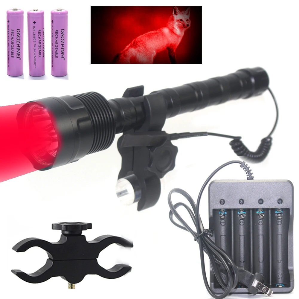 500Yards High Lumens Red LED Torch Red Hunting Light 1 Mode Predator Light for Night Vision+Clip+Tail Switch+18650+Charger