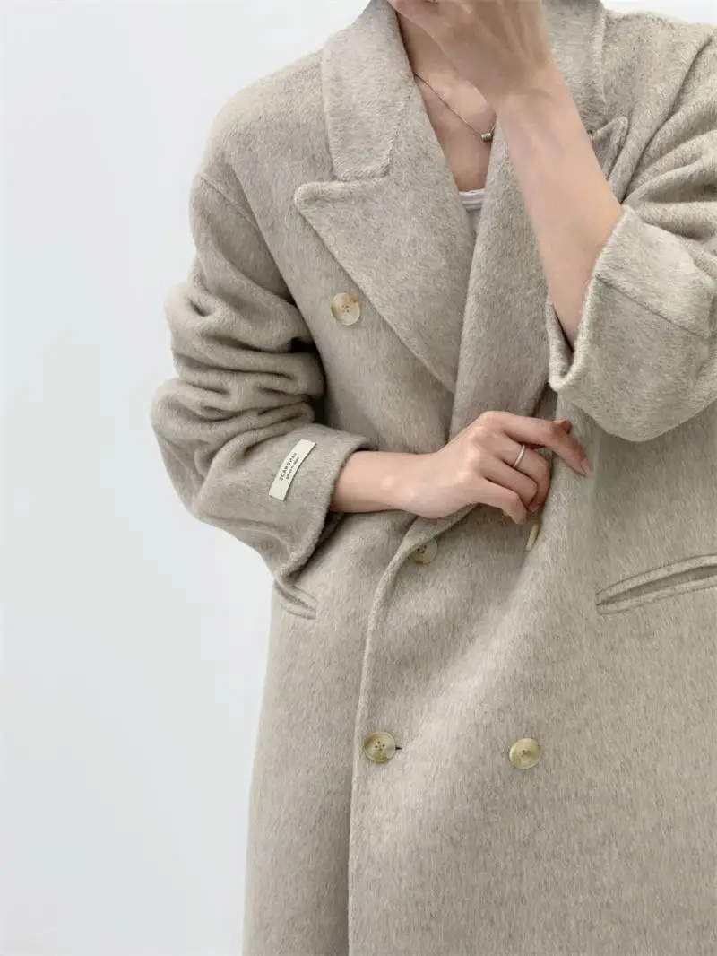 

Casual Women Wool Double-Breasted Warm Coat Lond Loose Lapel Long Sleeve Natural Wool Jacket Fashion Female Clothing Fit Winter