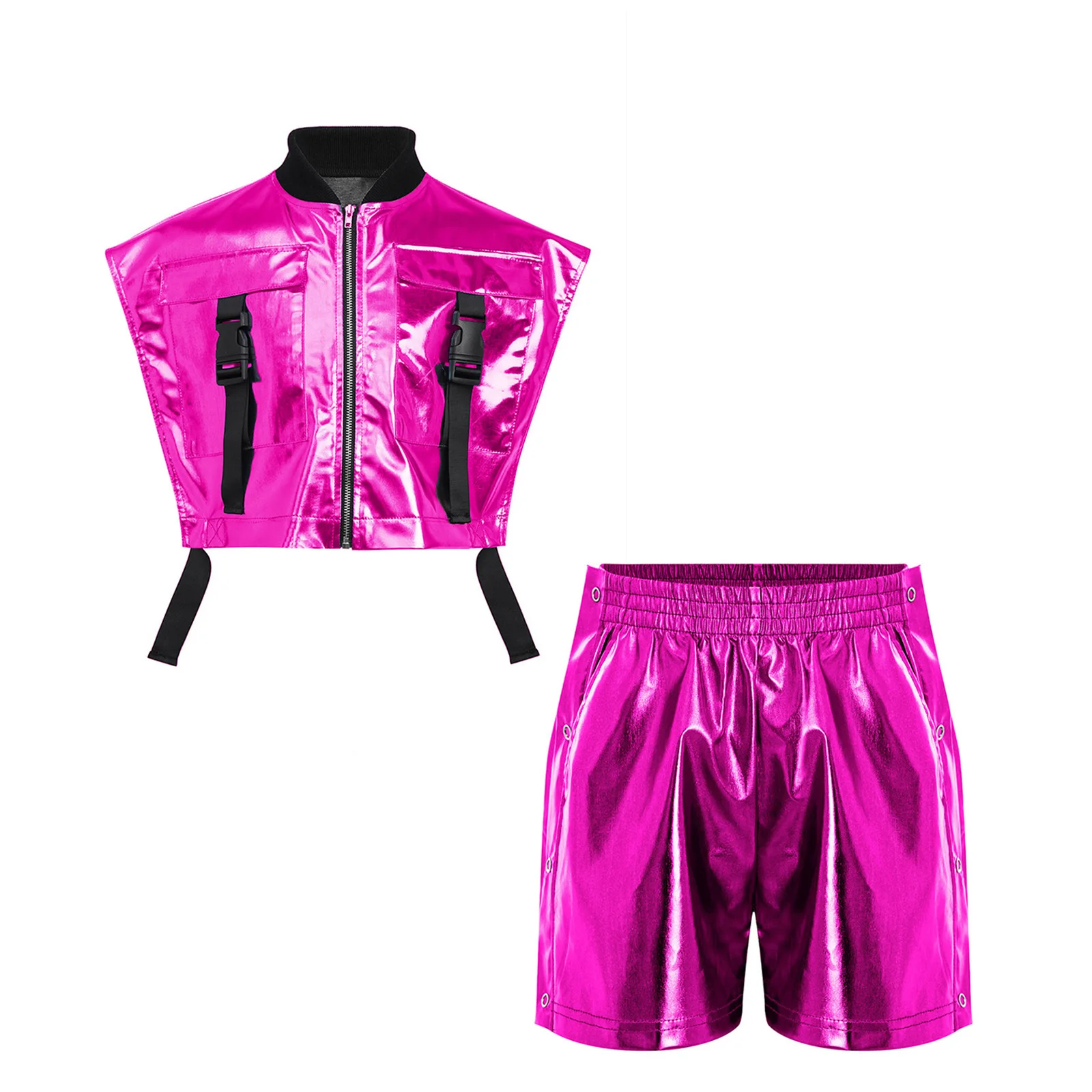 Kinder Mädchen Hip-Hop Jazz-Tanz-Outfit Aufführungskostüm mit seitlich geöffneter Metallweste mit Reißverschluss und seitlichen Druckknöpfen sowie glänzenden Shorts – Detail 18
