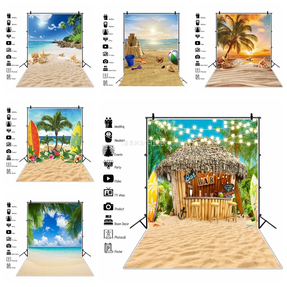 

Summer Tropical Beach Backdrop Blue Sky Palm Tree Surfboard Seaside Hawaii Scenery Baby Shower Wedding Photographic Background