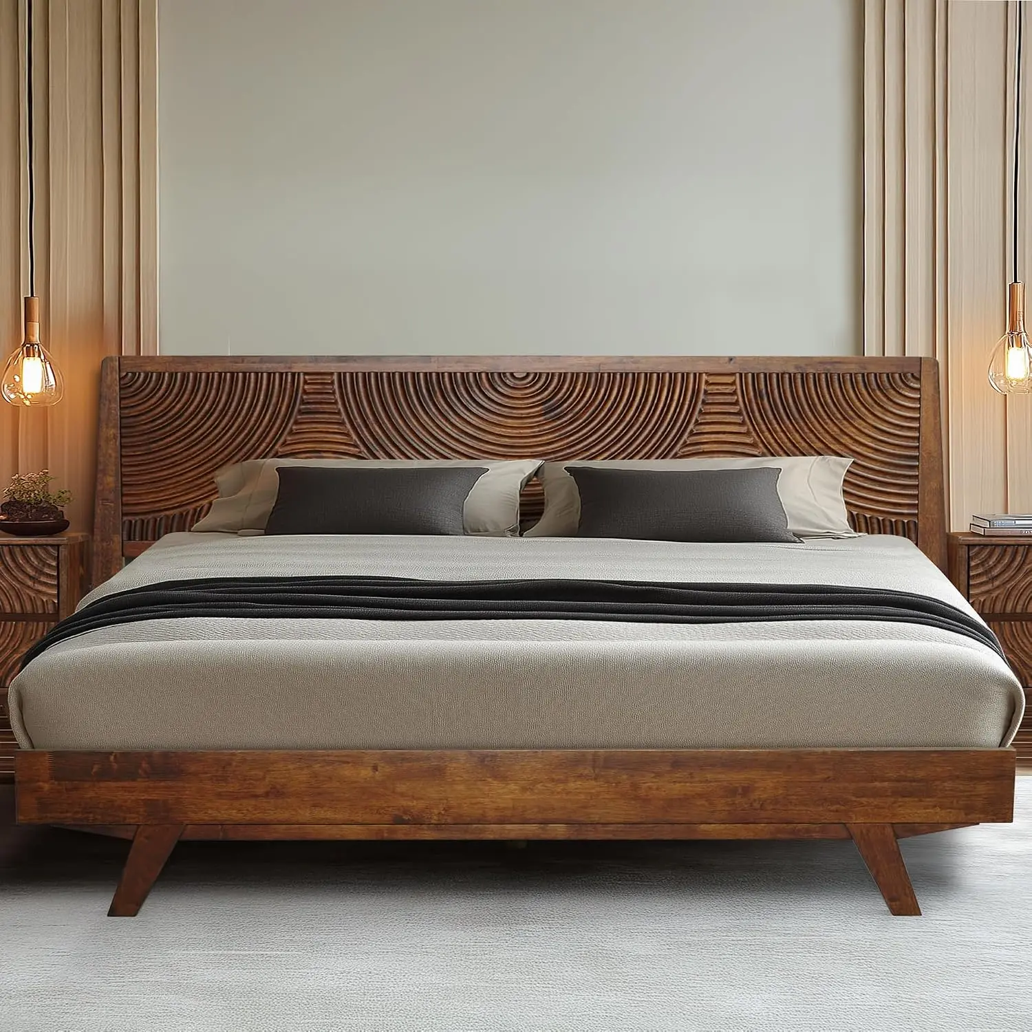 Solid Wood King Platform Bed Frame No Box Spring Walnut Finish, Customized