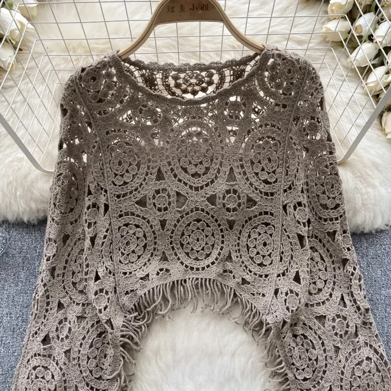 الربيع عارضة فضفاض الحياكة أعلى س الرقبة هوك زهرة جوفاء طويلة الأكمام شرابة تصميم الأزياء الفرنسية خمر بلوزة الشارع الشهير #4