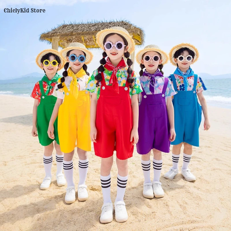Hip Hop Kids Colorful Shirt Overalls Suspender Shorts Girls Dungaree Children Summer Short Jumpsuit Romper Boys School Uniforms