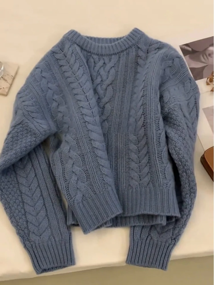 Blue Pullovers Knitted Sweater Women Autumn Winter Thicken Solid Long Sleeve Pullover Korean Soft Warm Knitting Outwear