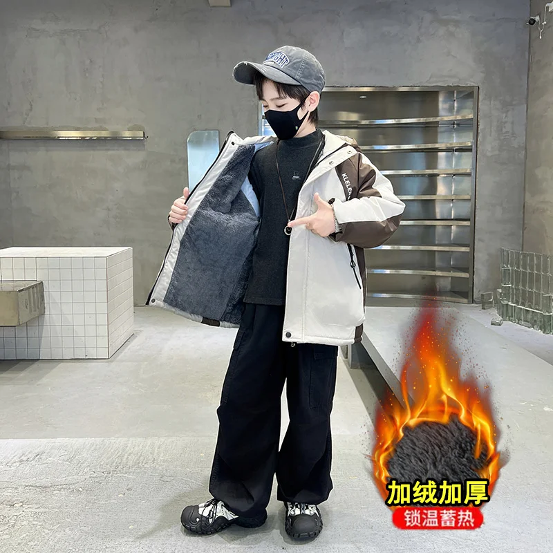 

Winter Thick Fleece Jackets Boys Girls Plus Velvet Warm Parka Coat Children's Clothing Teen Hooded Down Cotton Outerwear