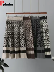 Fall Winter Leopard Knitted Pleated Skirt Women Elegant Elastic Waist A-lined Knitwears Faldas Korean Design Casual Loose Saia