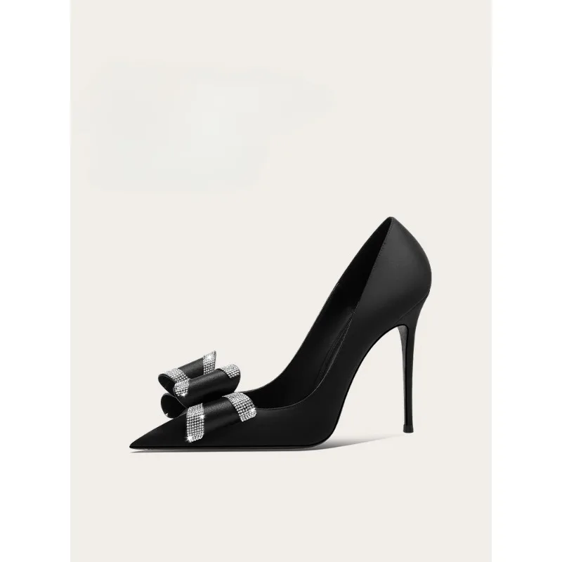 

Elegant Black High Heels for Women Sexy Bow Rhinestone Dress Shoes Perfect for Hosting Parties