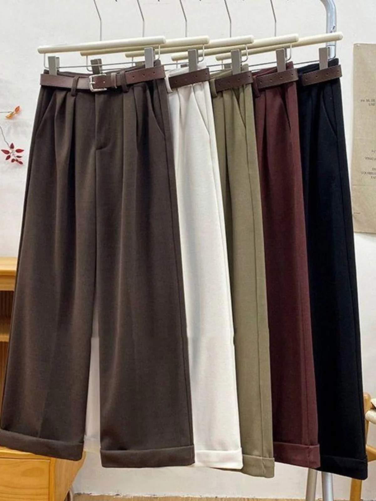 Retro Tweed Cuffed Wide Leg Suit Pants Women's High Waist Straight Casual Fashion Slimming Versatile Comfortable Autumn Winter
