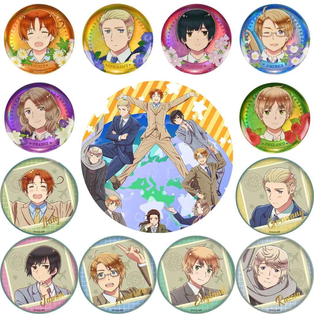 58mm Anime Axis Powers The Beautiful World Stars CN GER DE USA JPN FR Cosplay KOSTÜM Abzeichen Pin SPTE Weißblech Brosche ﻿   Requisite Gilf