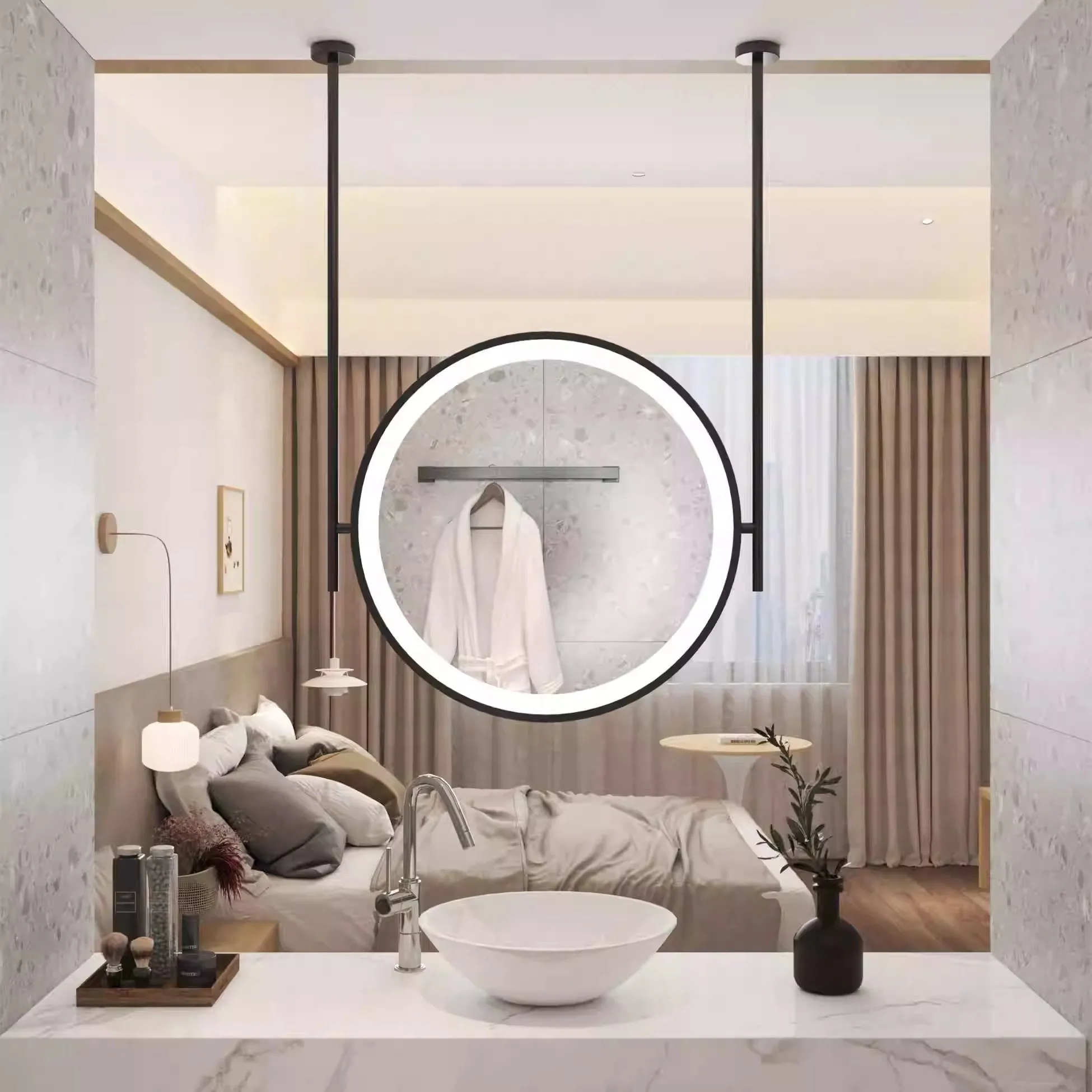 

Cable LED lights, round mirror, bathroom mirror, toilet room bathroom mirror, suspended ceiling hanging mirror, illuminated mirr