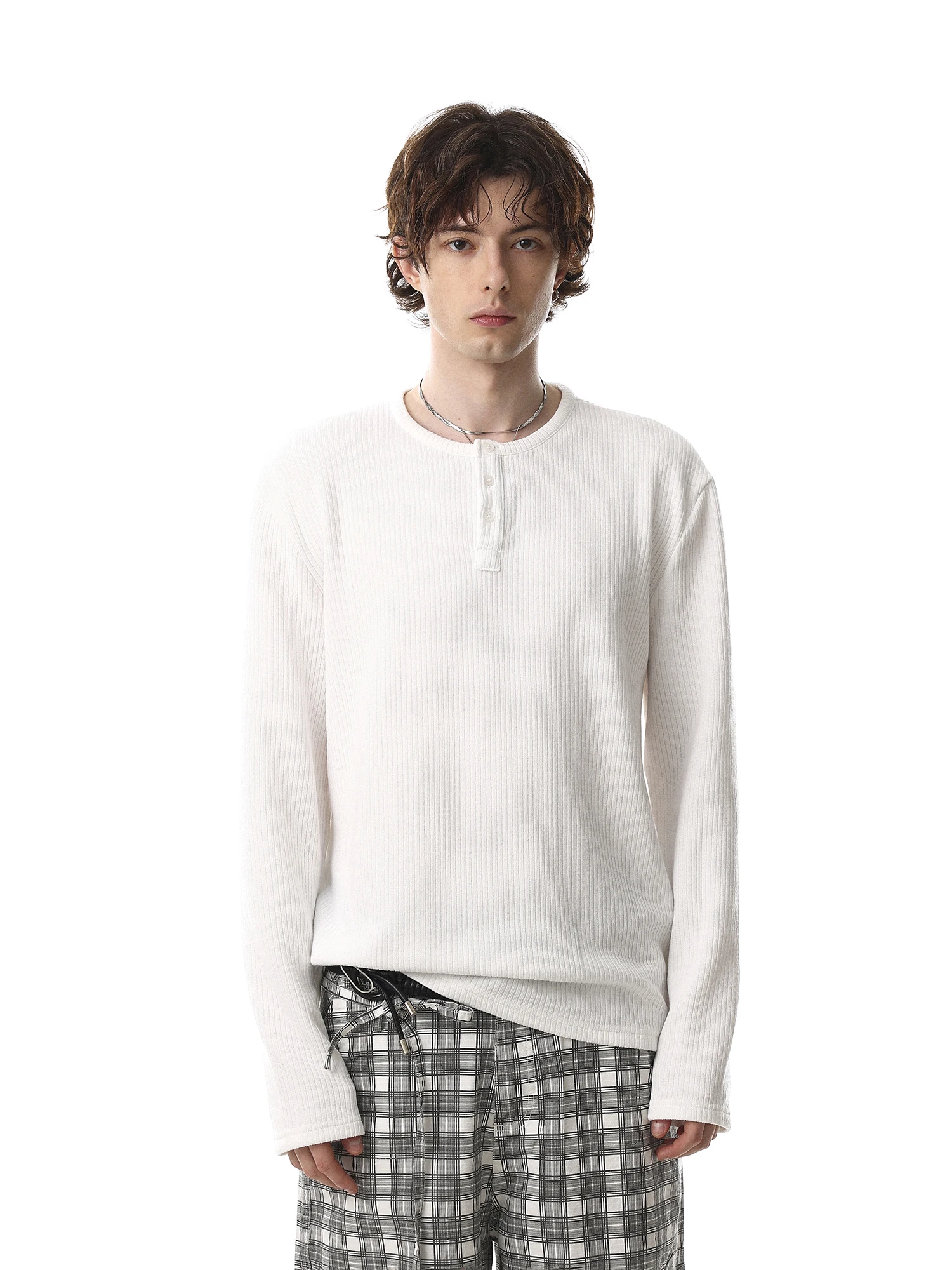 Casual American Loose Fit Long Sleeve T-Shirt Men's Henry Collar Top Vintage High End Feeling Comfortable Cotton Crew Neck