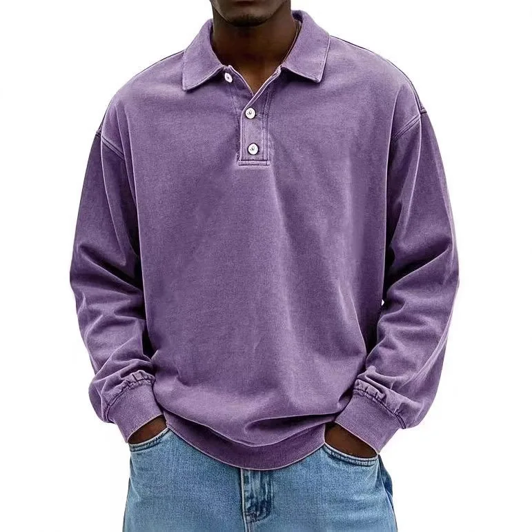 Polo oversize vintage primaverili da uomo T-shirt casual da lavoro a maniche lunghe tinta unita Top eleganti con risvolto tinta unita