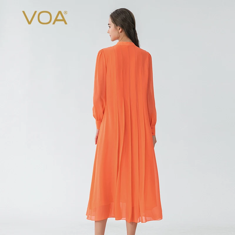 Ice Orange Double Layer Georgette Silk Stand Collar Long Sleeve Single Breasted Skirt Two-Wear Silk Shirt Dress Women AE1686