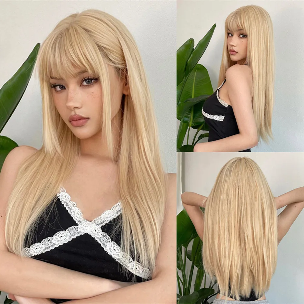 EASIHAIR Lange seidige gerade synthetische Perücken mit Pony, schwarze Cosplay-Party-Lolita-Haarperücken für Frauen, natürliche hitzebeständige Perücke