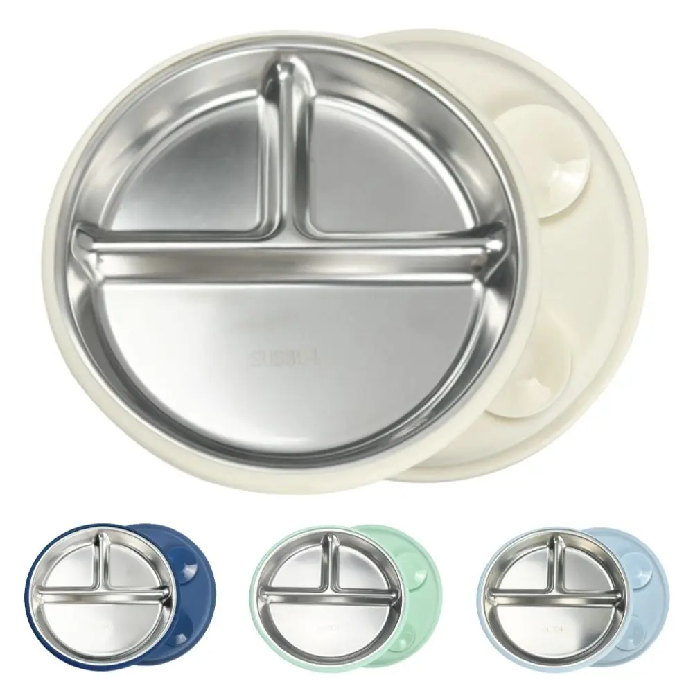 Divided Design Suction Cup Kids Plates Silicone Shell 304 Stainless Steel Children 3 Grids Dishes Non-Slip Anti-fall