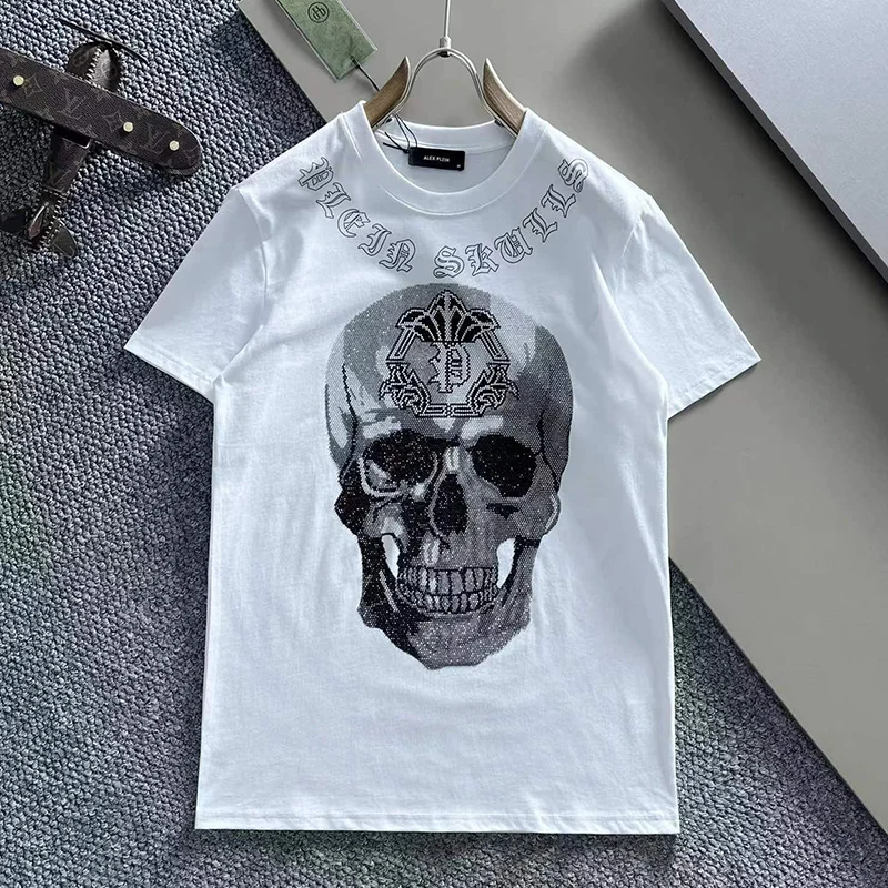 Alex Plein Skulls Rhinestones Crystals Streetwear Men\'s Fashion Clothing 2023 Summer RoundNeck Shortsleeve Tshirt Luxuary Cotton