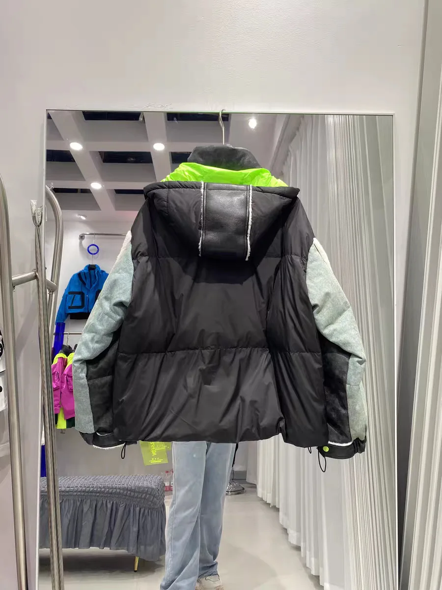 Winter Hooded Letter Removable Down Jacket Women White Duck Down Patchwork Parker Outwear Female Warm Zipper Quilted Jacket Coat