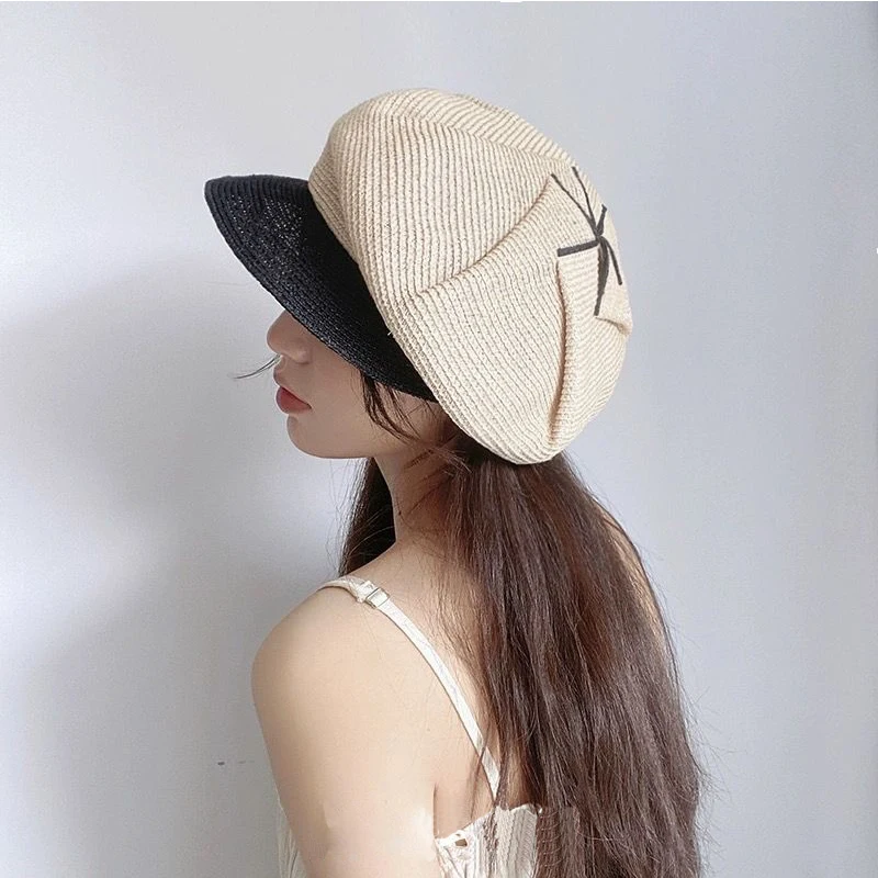 New Bow Summer Hat Beach Sun Cap Two Tones Patchwork Straw Cap Wide Brim Visor Newsboy Hat Vacation Beach Hat Foldable Lady Girl