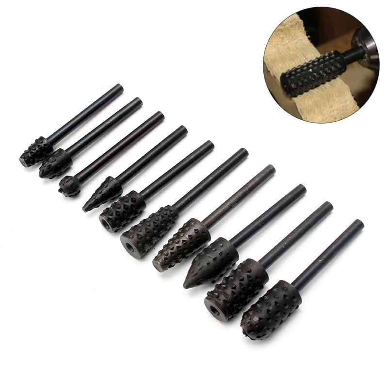 5/10pcs Set Rotary Rasp File 3mm Shank Burr File Rasp Woodworking Drill Bits HSS Rotary File Wood Drilling Carving Artifact Tool