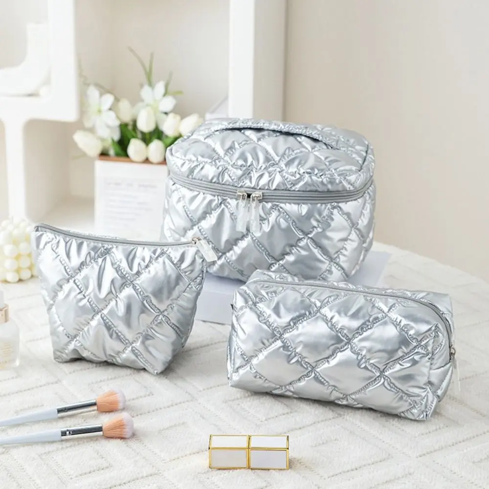 3pcs/set Nylon Cotton Quilted Makeup Bag Multi-function Large Capacity Toiletry Cosmetic Pouch Zipper Solid Color