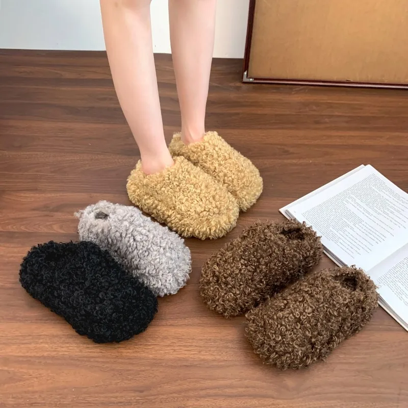 

2025 Women's Furry Slippers Outdoor Wear Autumn Winter New Thick Bottom Headed Fleece Lined Curly Hair Slippers