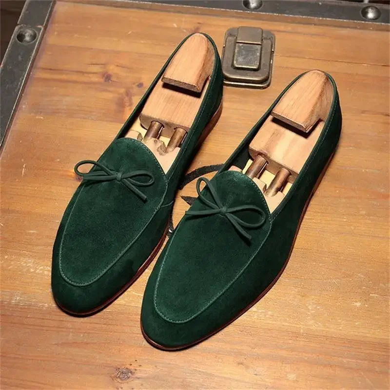 Loafers Men Faux Suede Green Brown Business Breathable Slip-On Butterfly-knot Flock Shoes for Men