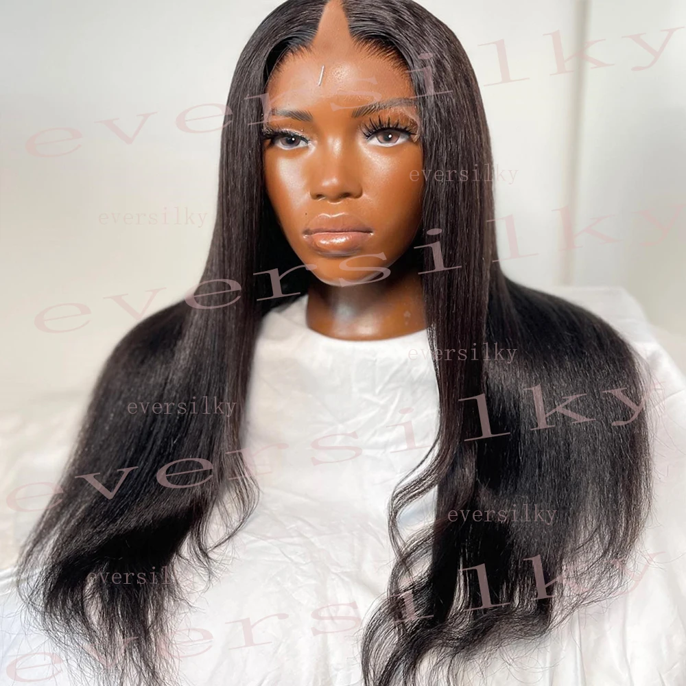 Light Yaki Straight V Part Wigs Unprocessed Black Natural Human Hair Wig U Shape 250Density Dark Brown Kinky Straight Full End