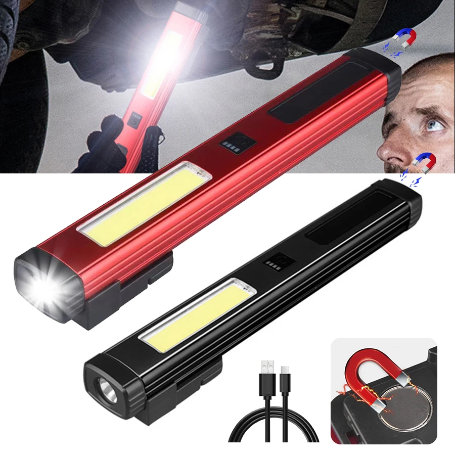 

New COB LED Flashlight Magnetic Work Light Rechargeable Torch Hook Portable Camping Lantern Car Repair Outdoor Emergency Lamp