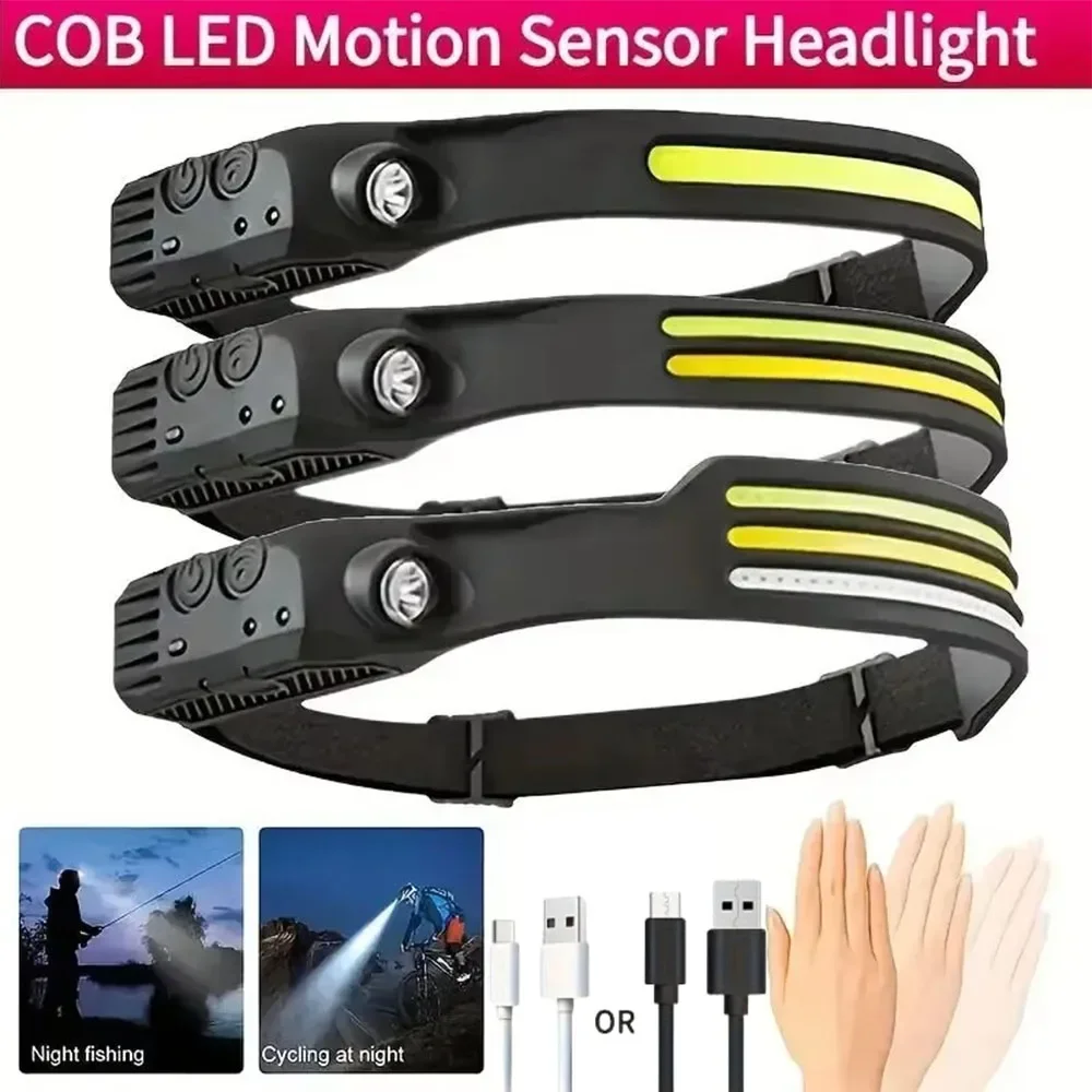 Linterna frontal con Sensor LED, batería integrada, recargable por USB, linterna frontal COB, linterna frontal LED, luz de búsqueda para pesca y acampada