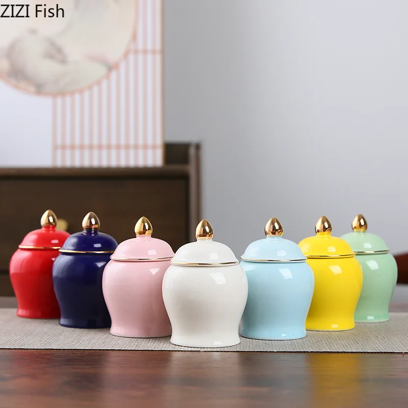 Gold Plated Tea Canister Sealed Ceramic Storage Jar with Lids Porcelain Coffee Container Desk Decoration Tea Cans Candy Pots