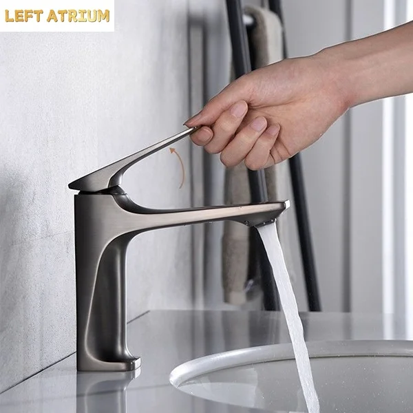Solid brass basin tap in gunmetal grey; cream-style bathroom tap for home use with hot and cold water; light luxury design
