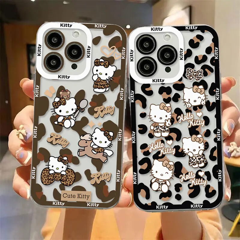 Fashion Leopard Print Hello Kitty Phone Case For iPhone 15 14 13 12 11 Mini Pro Max X XR XSMax 7 8 Plus SE20 Transparent Cover