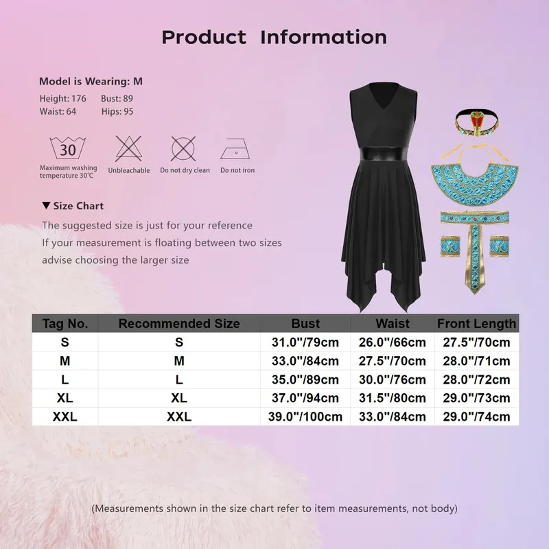 여자 이집트 클레오 파트라 코스프레 의상 할로윈 공연을위한 칼라 벨트 팔찌 머리 장식이있는 비대칭 밑단 드레스 세트