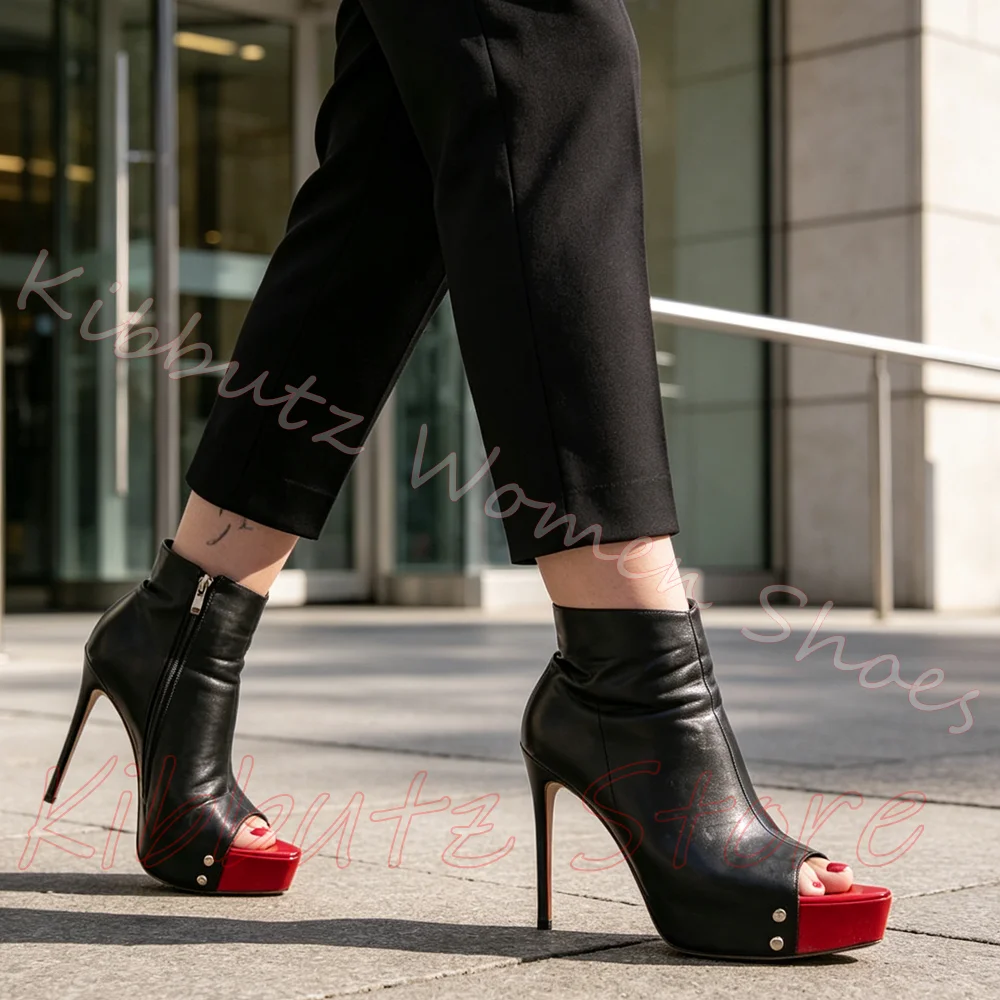Peep Toe Stiletto Platform Ankle Boots Side Zipper Patchwork Leather Mixed Color Women Thin Heel Fashion Footwear Luxury Elegant