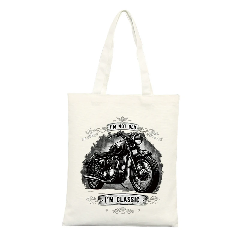 Men's Canvas Tote Bag with Motorcycle Graphic and Slogan-style Print, Vintage Style for Casual Outings and Daily Use