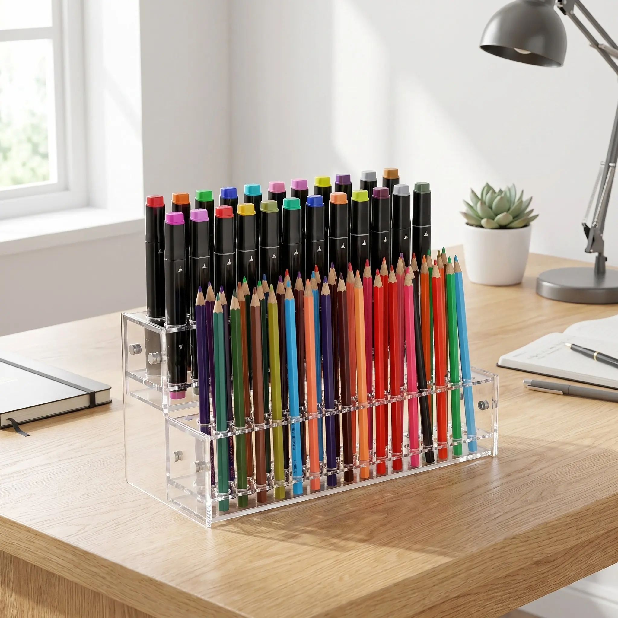 Clear Acrylic Pen Display Holder 96-Slot Tiered Desk Organizer for Markers Gel Pens Paint Brushes Studio Classroom Workspace